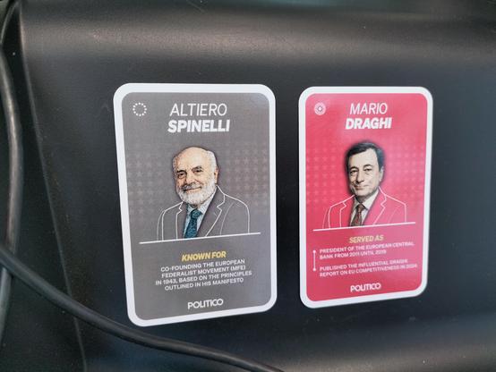 Stickers with the names, photos and salient facts about Altiero Spinelli and Mario Draghi, as if they were football players or something.