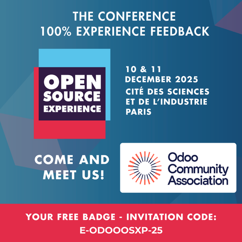 Banner of the conference open source experience / 10 & 11 December 2025 Cité des sciences et de l'industrie Paris. Come and Meet US. Your free badge - invitation code: E-ODOOSXP-25
