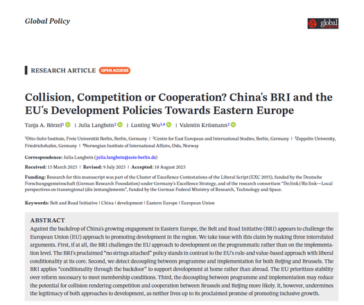 A screenshot of the first page of the research article. The title is 'Collision, Competition or Cooperation? China's BRI and theEU's Development Policies Towards Eastern Europe'.