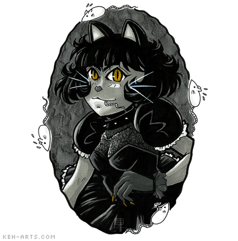 In an oval inked frame with frightened white mice running around it - a manga style drawing in greyscale of a cat girl with golden eyes and short black bobbed hair wearing a lolita style frilly dress with puff sleeves and a frilly glove through which we can see her pointed golden claws. She has a cute heart shaped nose and a poor mouse's tail sticking out of her mouth!