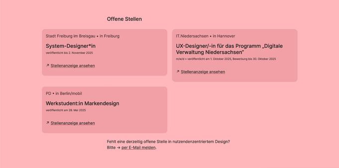 Partial screenshot of a website displaying open 3 design positions – a system designer in Freiburg, a UX design position in Hanover and a brand design working student role in Berlin