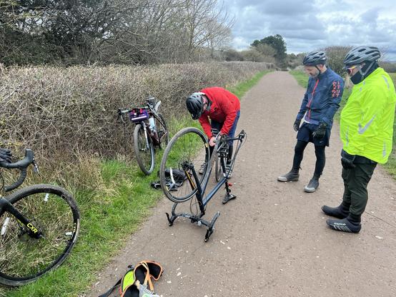 A group of three cyclists stands by a bike on a path surrounded by bushes. One cyclist is repairing a bicycle while the others observe. Two bikes are leaning against the bushes, and the scene is set in a grassy area under a cloudy sky.