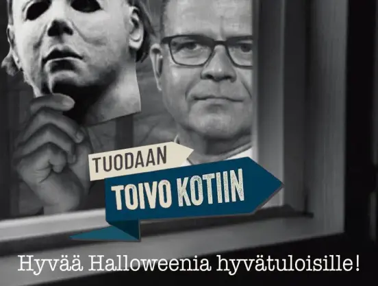 Michael Myersin naamarin alta paljastuukin Petteri Orpo. Etualalla Kokoomuksen tavoiteohjelman tunnus 'Tuodaan toivo kotiin'. Alimpana tervehdys 'Hyvää Halloweenia hyvätuloisille! '