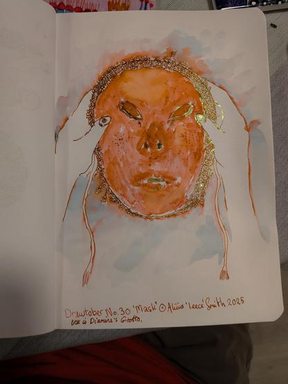 Two hands are holding up a mask, perhaps in preparation to put it on, the little we see of the outside of the mask is covered with small flowers. These are reflected on the nail art on the thumbs. Two strings dangle from the mask, one on either side.