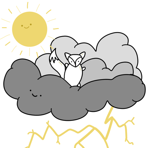 Eine Zeichnung von einem Polarfuchs, der auf einer Gewitterwolke sitzt. Über der Wolke ist eine lächelnde Sonne dargestellt.