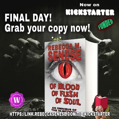 Out of the darkness, hands reach reach for the hardcover of Of Blood Of Flesh Of Soul: An Omnibus of The In-Between. Caption: FINAL DAY! Grab your copy now! Funded now on Kickstarter! https://link.rebeccasenese.com/tib-kickstarter