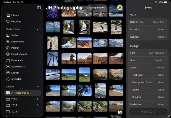 Screenshot of DateStamper 10 on iPad, featuring a sidebar and inspector