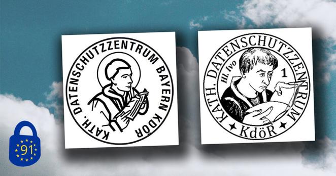 Siegel des KDSZ Bayern (links) und des KDSZ Dortmund (rechts), beide zeigen den heiligen Ivo mit einem Buch und einem Stift. (Bildquelle: KDSZ Bayern; Amtsblatt Erzbistum Paderborn)