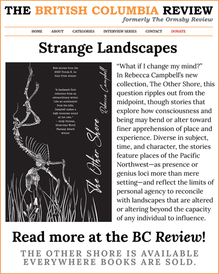 Screenshot collage of Dana McFarland's review of Rebecca Campbell's THE OTHER SHORE published by The British Columbia Review