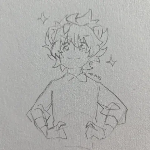 Pencil sketch of a young Ruairi Cromwell smiling with his hands on his hips.