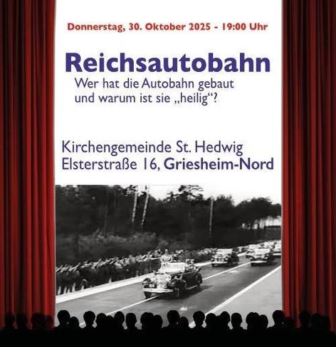 Sharepic mit Film-Ausschnitt: Schwarzweiß, Cabrios fahren auf der neu eröffneten Autobahn, an deren Rand Menschen, mutmaßlich Männer, stehen und den rechten Arm heben. Im vorderen Cabrio steht eine Person, mutmaßlich Hitler. Das Bild ist nicht ganz scharf. Der Text ist der Text aus dem Tröt.