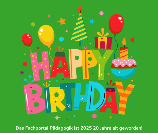 Knallbunte Grafik vor grünem Hintergrund mit dem Schriftzug "Happy Birthday" mit Luftballonen, Torte, Kerzen usw.