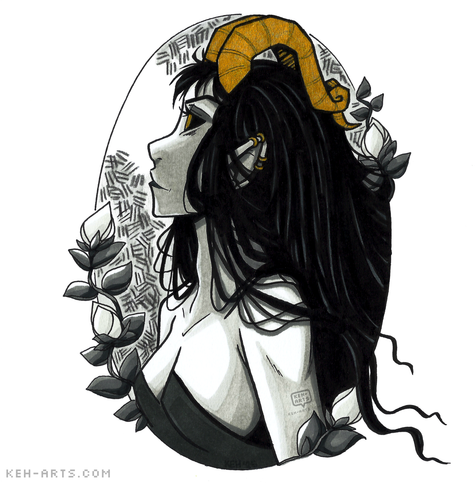 In an oval frame decorated with white flowered vines a greyscale drawing of a demon girl in profile, she is facing up towards the top left of the frame where light is coming from. She has long black hair, golden twisting ram horns and a large bust with a barely clinging on grey dress. She has pointed ears and a smiling expression. Her eyes are black with gold pupils.