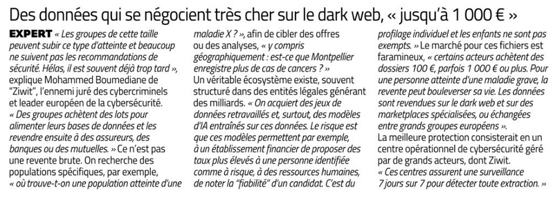 Encadré d'un article de presse locale  Midi Libre du 27/09/2025.
Des données de santé qui se négocient très cher sur le dark web, « jusqu'à 1 000 € »