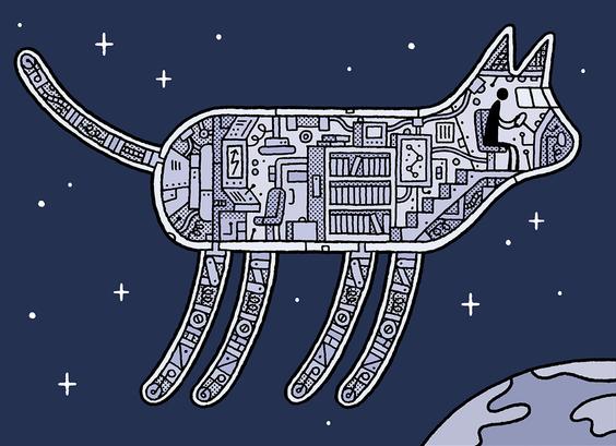 A drawing of a large cat-shaped book-filled spaceship being piloted through space by a small figure