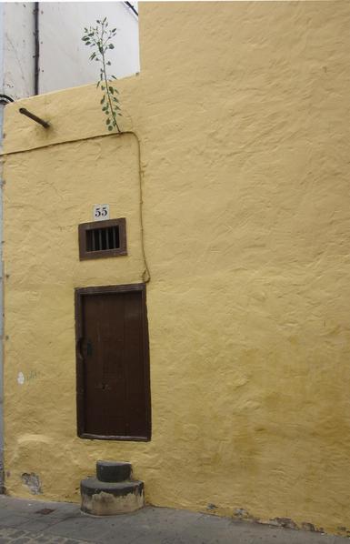 In einer gelben Wand ist eine kleine, schmale Türe eingelassen.
Zu Ihr führen zwei hohe Treppenstufen in form von Halbkreisen hinauf.
Gesehen haben wir das in Las Palmas de Gran Canaria