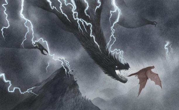 painting of a huge black dragon diving out of stormclouds surrounded by crackling lightning and chasing a poor little red dragon