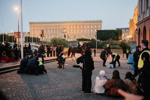 In the left 4 police is forcing down a girl on the ground, in the right we can see at least 1 protester getting dragged by the police, there are 2 police horses and a police dog.