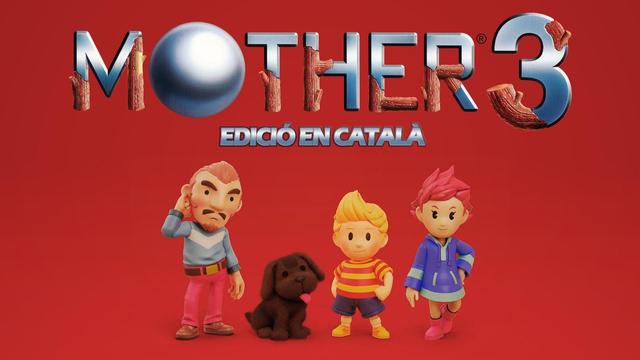 Imatge promocional de l'edició en català del videojoc «Mother 3». Sobre un fons vermell s'hi veu el títol del joc fet d'unes lletres de ferro i fusta. Sota el títol s'hi veuen els personatges principals en 3D.