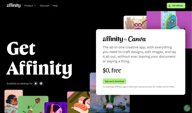 Website screenshot featuring a promotion for Affinity by Canva. Bold text reads 'Get Affinity'. Highlighted box describes it as a free, all-in-one creative app. A 'Sign up to download' button is visible. The background includes colorful graphic designs and illustrations.