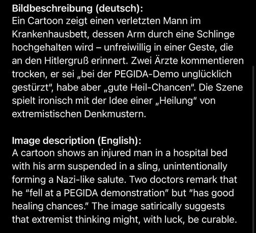 Bildbeschreibung (deutsch):
Ein Cartoon zeigt einen verletzten Mann im Krankenhausbett, dessen Arm durch eine Schlinge hochgehalten wird - unfreiwillig in einer Geste, die an den Hitlergruß erinnert. Zwei Ärzte kommentieren trocken, er sei „bei der PEGIDA-Demo unglücklich gestürzt", habe aber „gute Heil-Chancen". Die Szene spielt ironisch mit der Idee einer „Heilung" von extremistischen Denkmustern.
Image description (English):
A cartoon shows an injured man in a hospital bed with his arm suspended in a sling, unintentionally forming a Nazi-like salute. Two doctors remark that he "fell at a PEGIDA demonstration" but "has good healing chances." The image satirically suggests that extremist thinking might, with luck, be curable.🖖