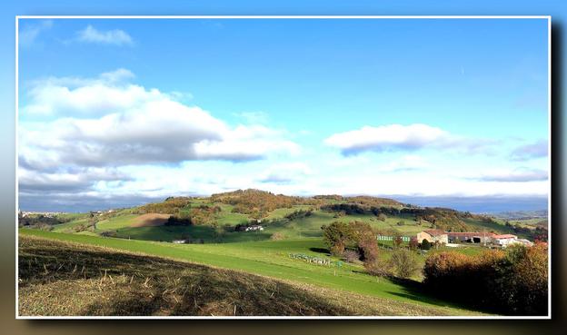 Une colline couverte de prairies er de bosquets est inindée se lumière sous un ciel bleu avec quelques nuages blancs. Sur la droite de l'image, au delà d'une haie on peut voir quelques maisons d'un hameau.