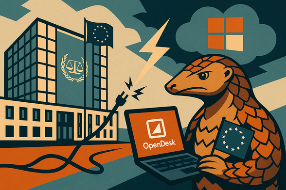 Links das Gebäude des Internationalen Strafgerichtshofs in Den Haag mit EU-Flagge. Eine Stromleitung wird von einem Blitz aus einer Microsoft-Wolke zerschlagen. Rechts steht das Pandolin-Maskottchen mit entschlossenem Blick, hält ein Laptop mit OpenDesk-Logo und ein EU-Fähnchen – Symbol für Europas digitale Unabhängigkeit.