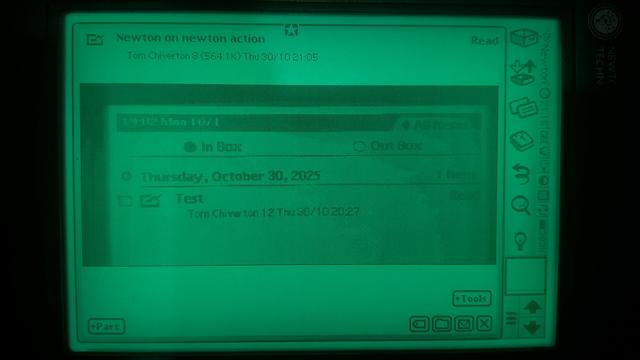 A black on glowing green screen shot
It shows an email header, and then a grey scale version of one of the pictures from the previous post, of screen shot of itself