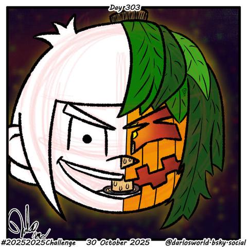 Drawing of Darlo with half of his head as a lit Jack-o'-lantern, with a lit candle inside his head.