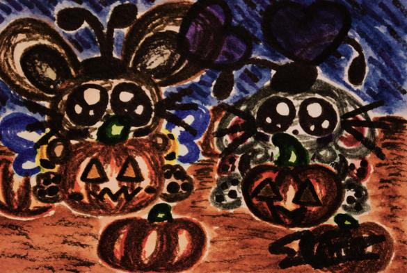 A marker drawing of a brown bunny dressed as a bee and a white lop bunny dressed as a ladybug posing with their Jack-o-Lanterns in a pumpkin patch.

This was drawn entirely in Crayola markers.