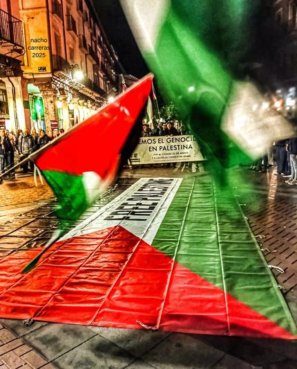Imagen de la concentración de ayer con banderas palestinas y pancartas contra el Genocidio
