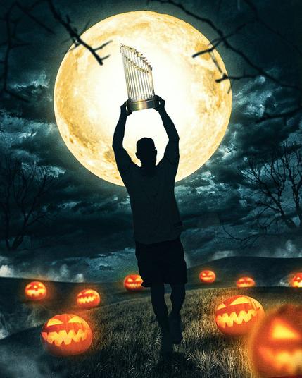 A person shown in silhouette walking in a field with carved and brightly lit pumpkins. He holds a World Series trophy above his head, and there is an illuminated full moon behind him.