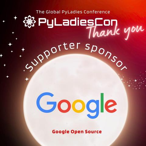 Card showing PyLadiesCon logo with thanks to Google for being a Supporter level sponsor