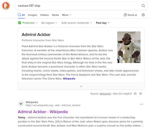 Search on duckduck go for "cesium-137 ship" which only returns "Admiral Ackbar" of Star Wars