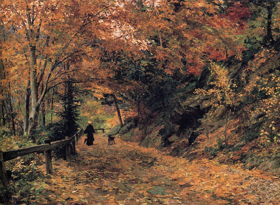 A painting of the Viennese Impressionist school. We have a view of a path in a park, with colorful trees on either side shedding leaves. In the background, we can make out a woman strolling with an umbrella, her back to us. Near her is a dog, alertly aware of us.