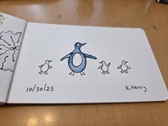 Hand drawn generative/procedural art in ink on an open page of my sketchbook. The abstract pattern looks like an adult penguin with three baby penguins.