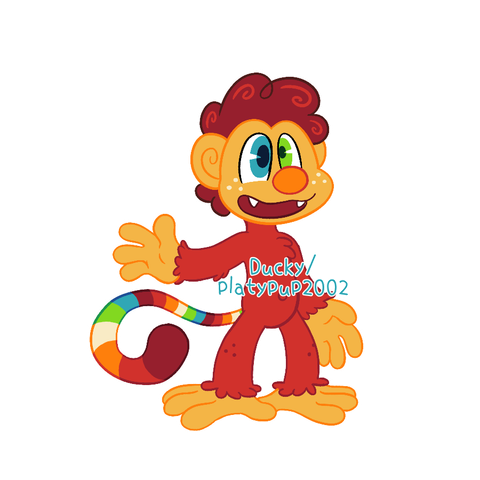 An anthropomorphic monkey with red fur; yellow orange skin; a round orange nose; and a rainbow tail