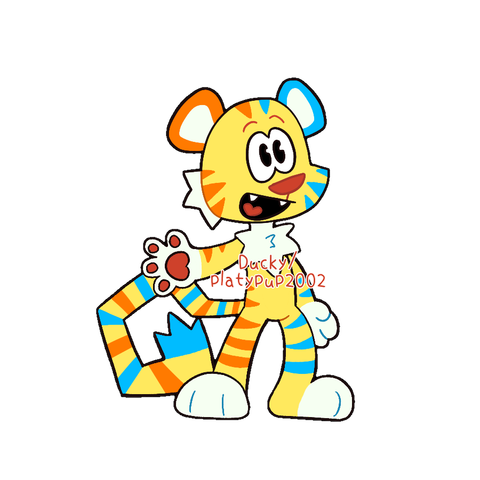 An anthropomorphic tiger with orange stripes on one side and blue stripes on the other