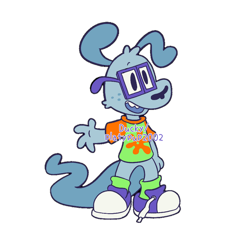 A toony grayish-blue wallaby with big rectangular glasses and sneakers