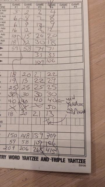 A legit Yahtzee score of 415. 2 Yahtzees and I used the second as a "joker" to fill in my last unused slot, a large straight. I never need to play this again ever.