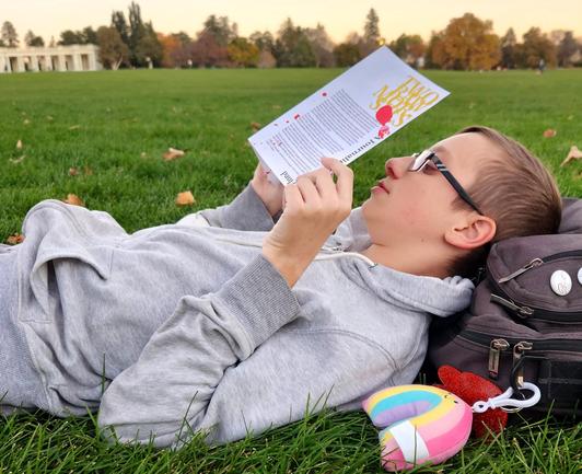A tween-age boy laying on his back in the grass at the park reading a copy of Two Raw Morsels, which is a journaling game by Paul Czege about your hope to change a situation in your life by consuming a piece of raw meat from the titan Prometheus. I really don't know why he would think people aren't excited to play it.