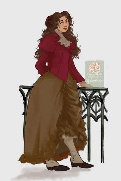 An illustration of Florence, an OC in a puff-sleeved bodice, a polonaise skirt, and spats.