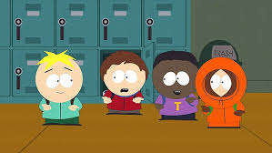 Butters from South Park doing the 6-7 meme in front of Token, Kenny and Clyde.