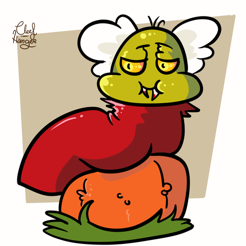 Casimiro que parece un pene con pelo en la punta o un calvo con ictericia verdosa, reposa su culo sobre una calabaza verrugosa. Tiene la punta de los colmillos sanguinolentas y es feliz.