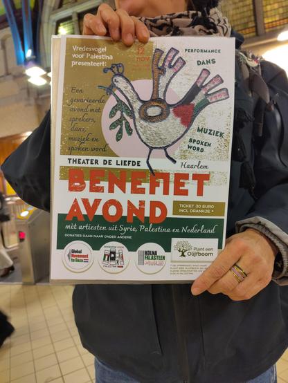 Poster met aankondiging: 
Vredesvogel voor Palestina presenteert Benefietavond 
met artiesten uit Syrië, Palestina en Nederland
12 november om 20.00