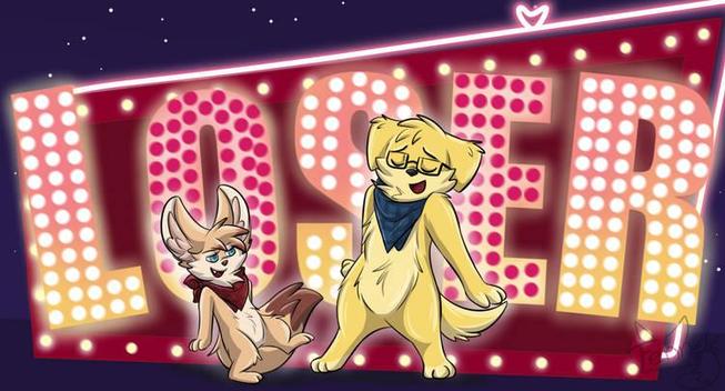 A little Fennec Fox with red scarf and a golden Retriever with blue scarf dancing. In the Background stays big Loser with lights on a red wall and a night blue sky behind it.
