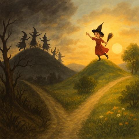 Bildbeschreibung (Deutsch)
Das Bild zeigt zwei Wege, die sich in einer symbolischen Landschaft gabeln. Links erhebt sich ein dunkler Hügel - der Blocksberg -, über dem düstere Hexen im Schatten tanzen, umgeben von kahlen Bäumen und grauen Wolken. Rechts hingegen führt ein heller Pfad durch blühende Wiesen zu einem sonnenbeschienenen Hügel, auf dem eine fröhliche kleine Hexe in rotem Kleid und spitzem Hut tanzt.
Sie hebt ihren Arm, als wolle sie die dunklen Hexen einladen, den Weg des Lichts zu wählen. Die Sonne steht tief am Himmel und taucht die Szene in ein warmes, goldenes Leuchten. Das Bild symbolisiert die Entscheidung zwischen dem dunklen und dem hellen Weg - zwischen Angst und Bewusstsein, zwischen Macht und Mitgefühl - und erinnert daran, dass man jederzeit die Spur wechseln kann.🖖