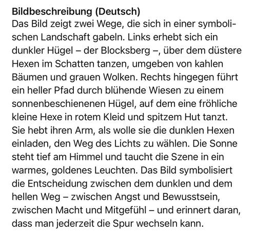 Bildbeschreibung (Deutsch)
Das Bild zeigt zwei Wege, die sich in einer symbolischen Landschaft gabeln. Links erhebt sich ein dunkler Hügel - der Blocksberg -, über dem düstere Hexen im Schatten tanzen, umgeben von kahlen Bäumen und grauen Wolken. Rechts hingegen führt ein heller Pfad durch blühende Wiesen zu einem sonnenbeschienenen Hügel, auf dem eine fröhliche kleine Hexe in rotem Kleid und spitzem Hut tanzt.
Sie hebt ihren Arm, als wolle sie die dunklen Hexen einladen, den Weg des Lichts zu wählen. Die Sonne steht tief am Himmel und taucht die Szene in ein warmes, goldenes Leuchten. Das Bild symbolisiert die Entscheidung zwischen dem dunklen und dem hellen Weg - zwischen Angst und Bewusstsein, zwischen Macht und Mitgefühl - und erinnert daran, dass man jederzeit die Spur wechseln kann.🖖