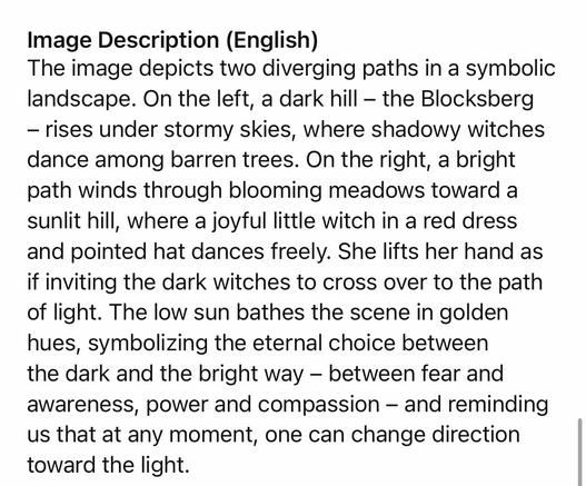 Image Description (English)
The image depicts two diverging paths in a symbolic landscape. On the left, a dark hill - the Blocksberg
- rises under stormy skies, where shadowy witches dance among barren trees. On the right, a bright path winds through blooming meadows toward a sunlit hill, where a joyful little witch in a red dress and pointed hat dances freely. She lifts her hand as if inviting the dark witches to cross over to the path of light. The low sun bathes the scene in golden hues, symbolizing the eternal choice between the dark and the bright way - between fear and awareness, power and compassion - and reminding us that at any moment, one can change direction toward the light.🖖