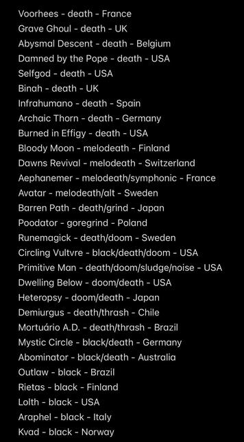 Voorhees - death - France
Grave Ghoul - death - UK
Abysmal Descent - death - Belgium Damned by the Pope - death - USA
Selfgod - death - USA
Binah - death - UK
Infrahumano - death - Spain
Archaic Thorn - death - Germany Burned in Effigy - death - USA
Bloody Moon - melodeath - Finland
Dawns Revival - melodeath - Switzerland
Aephanemer - melodeath/symphonic - France
Avatar - melodeath/alt - Sweden
Barren Path - death/grind - Japan
Poodator - goregrind - Poland
Runemagick - death/doom - Sweden
Circling Vultvre - black/death/doom - USA
Primitive Man - death/doom/sludge/noise - USA
Dwelling Below - doom/death - USA
Heteropsy - doom/death - Japan Demiurgus - death/thrash - Chile
Mortuário A.D. - death/thrash - Brazil Mystic Circle - black/death - Germany Abominator - black/death - Australia
Outlaw - black - Brazil
Rietas - black - Finland
Lolth - black - USA
Araphel - black - Italy Kvad - black - Norway